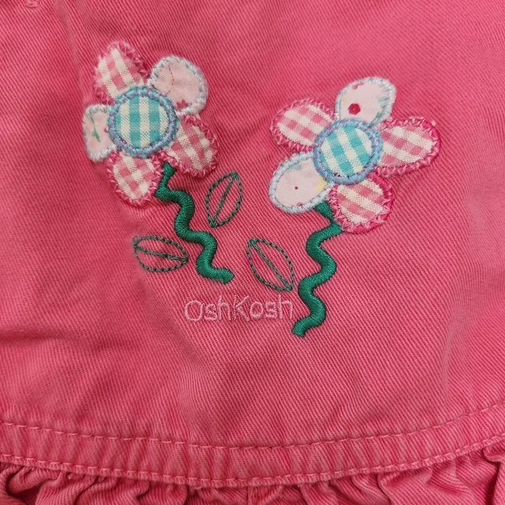 Vintage Oshkosh Baby Pink Flower 100% Cotton Denim Overalls Shorts Girls 12M XL